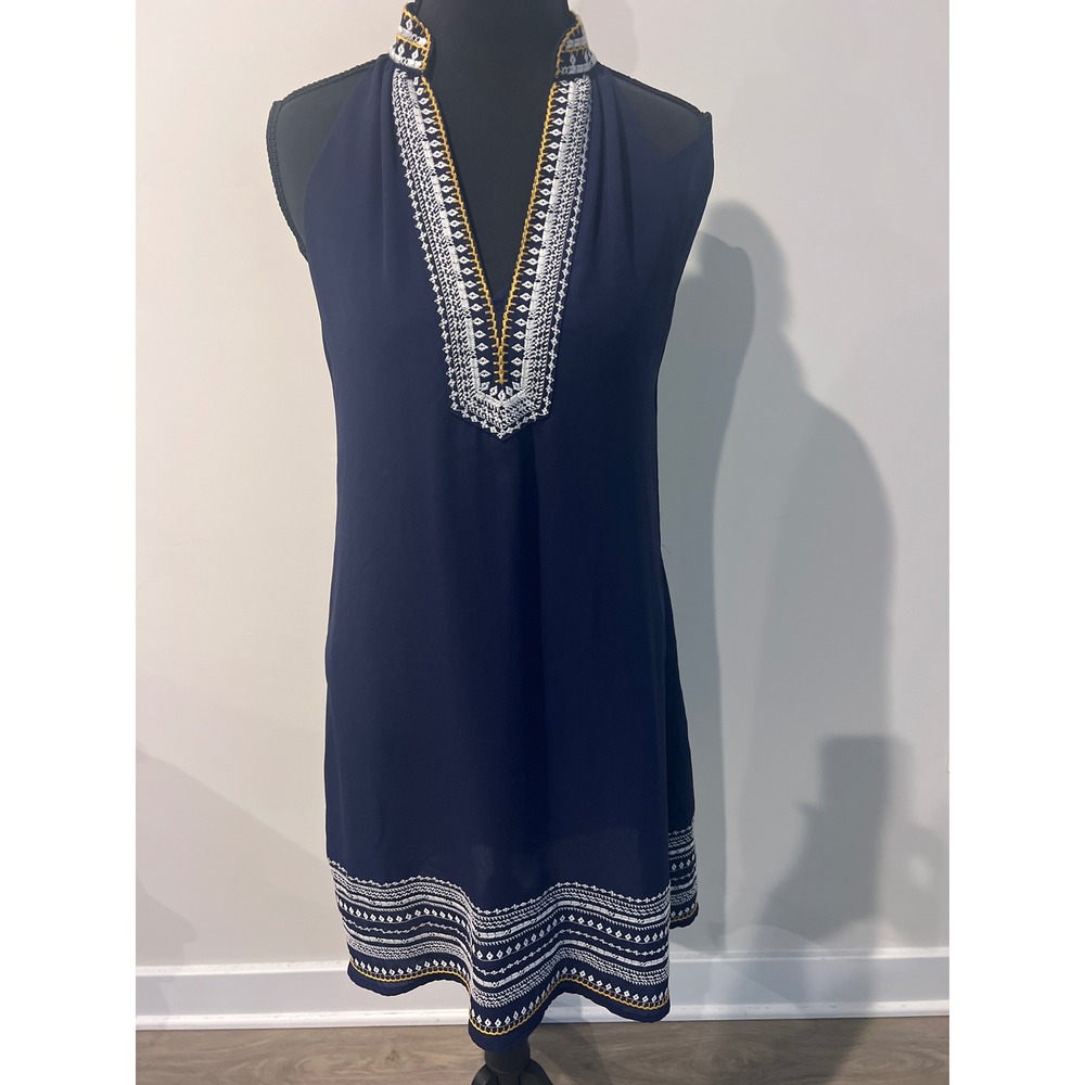 THML Navy Embroidered V-Neck Sleeveless Dress Size S Classic Summer Office